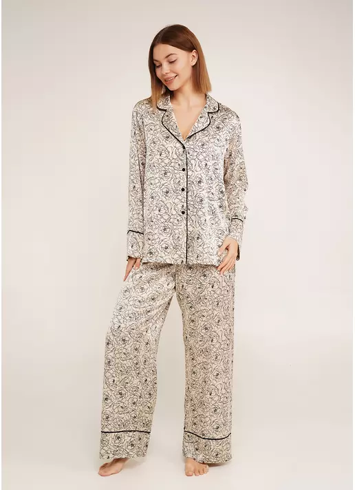 Шелковая пижама в пионы BLOSSOM VEIL 5507/050 peony sketch beige (бежевый)