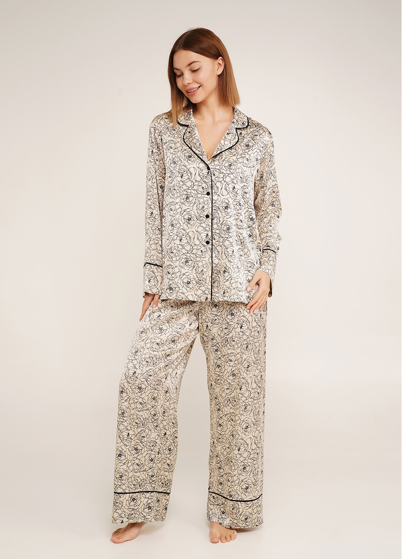 Шелковая пижама в пионы BLOSSOM VEIL 5507/050 peony sketch beige (бежевый)