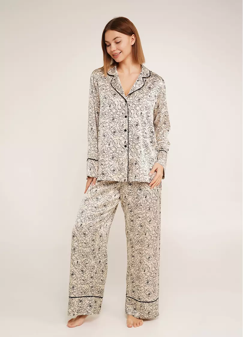 Шелковая пижама в пионы BLOSSOM VEIL 5507/050 peony sketch beige (бежевый)