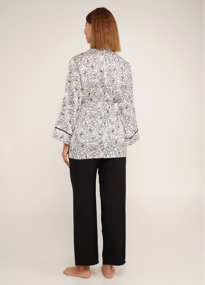 Шелковая пижама жакет и штаны в пионы BLOSSOM VEIL 5604/050 peony sketch white/black (белый/черный)