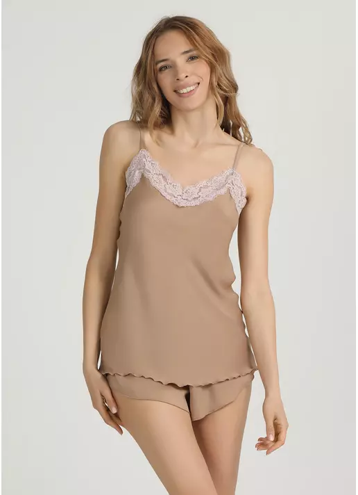 Піжама з жатого шовку з мереживом CREME FOLD 6025/051 creamy beige (бежевий)