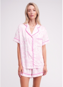 Пижама из вискозы жакет и шорты FLOSSED IN FLOWERS 6405/040 white/pink floral print/magenta piping (белый/розовый)