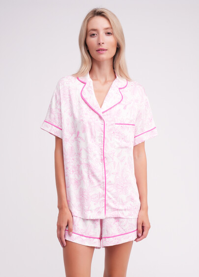 Пижама из вискозы жакет и шорты FLOSSED IN FLOWERS 6405/040 white/pink floral print/magenta piping (белый/розовый)