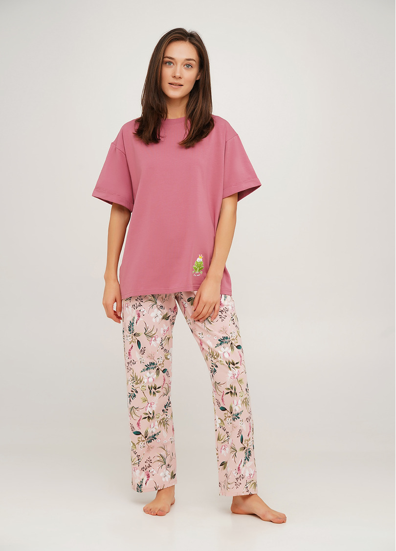 Хлопковая пижама комплект футболка и штаны с принтом FLOW&FROG 5116/010 pink/flower (розовый)