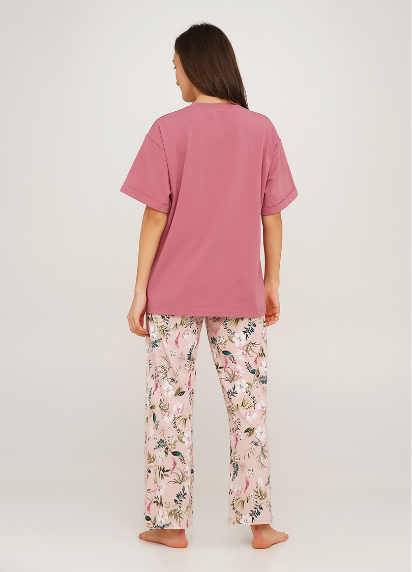 Хлопковая пижама комплект футболка и штаны с принтом FLOW&FROG 5116/010 pink/flower (розовый)