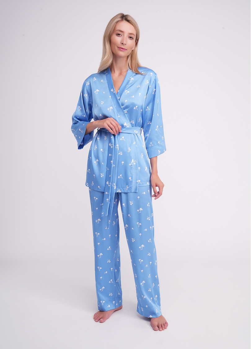 Пижама шелковая жакет и штаны FLURISSE 5605/050 picton blue/floral print (голубой)