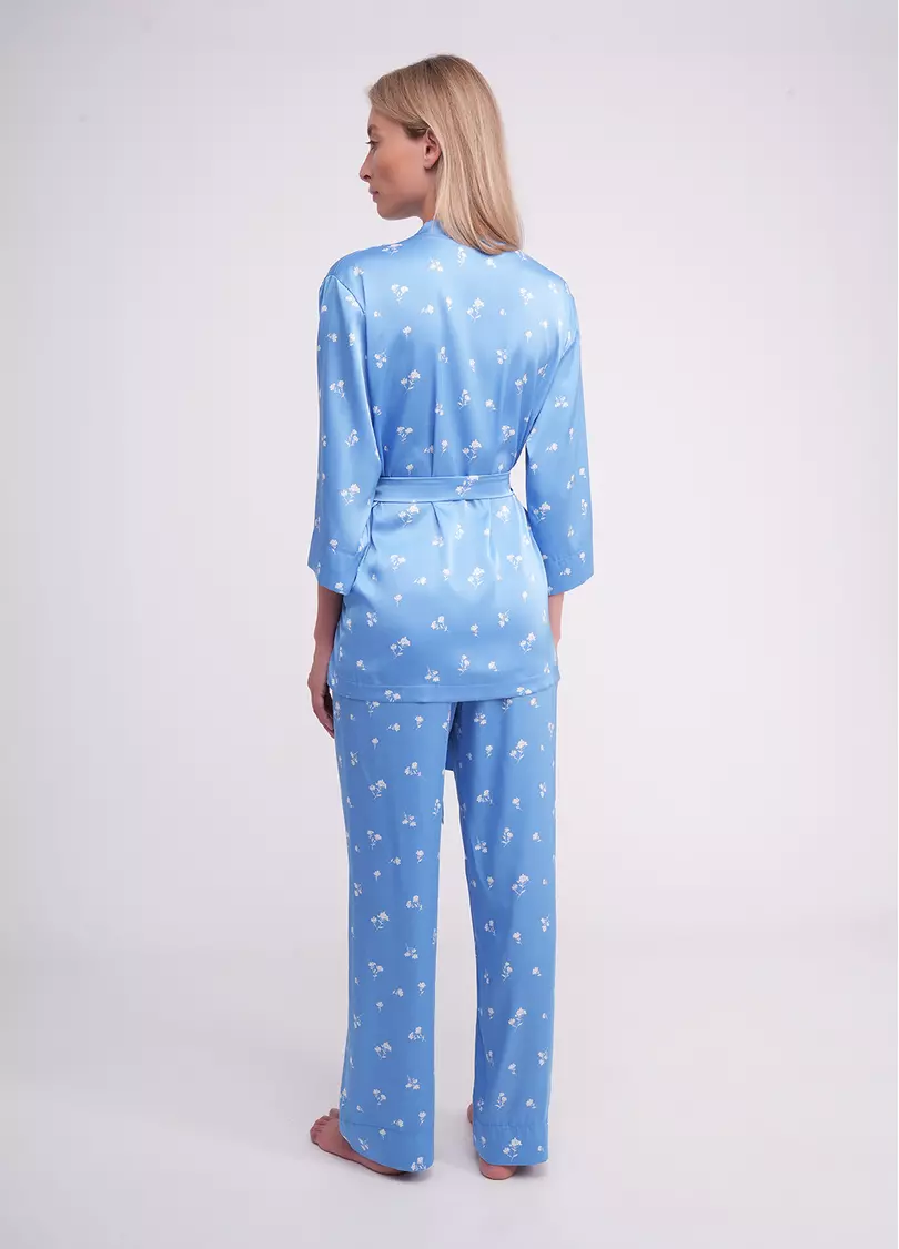 Пижама шелковая жакет и штаны FLURISSE 5605/050 picton blue/floral print (голубой)
