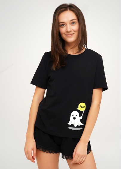 Короткая пижама хлопковая с принтом "Привидение" HALLOWEEN 6112/011 black (черный)