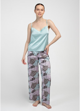 Довга піжама з шовку LEAFSONG 5010/050 gum leaf/mokko print (зелений/коричневий)