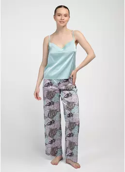 Длинная пижама из шелка LEAFSONG 5010/050 gum leaf/mokko print (зеленый/коричневый)