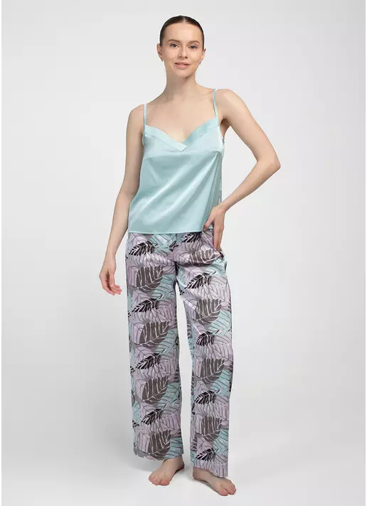 Длинная пижама из шелка LEAFSONG 5010/050 gum leaf/mokko print (зеленый/коричневый)