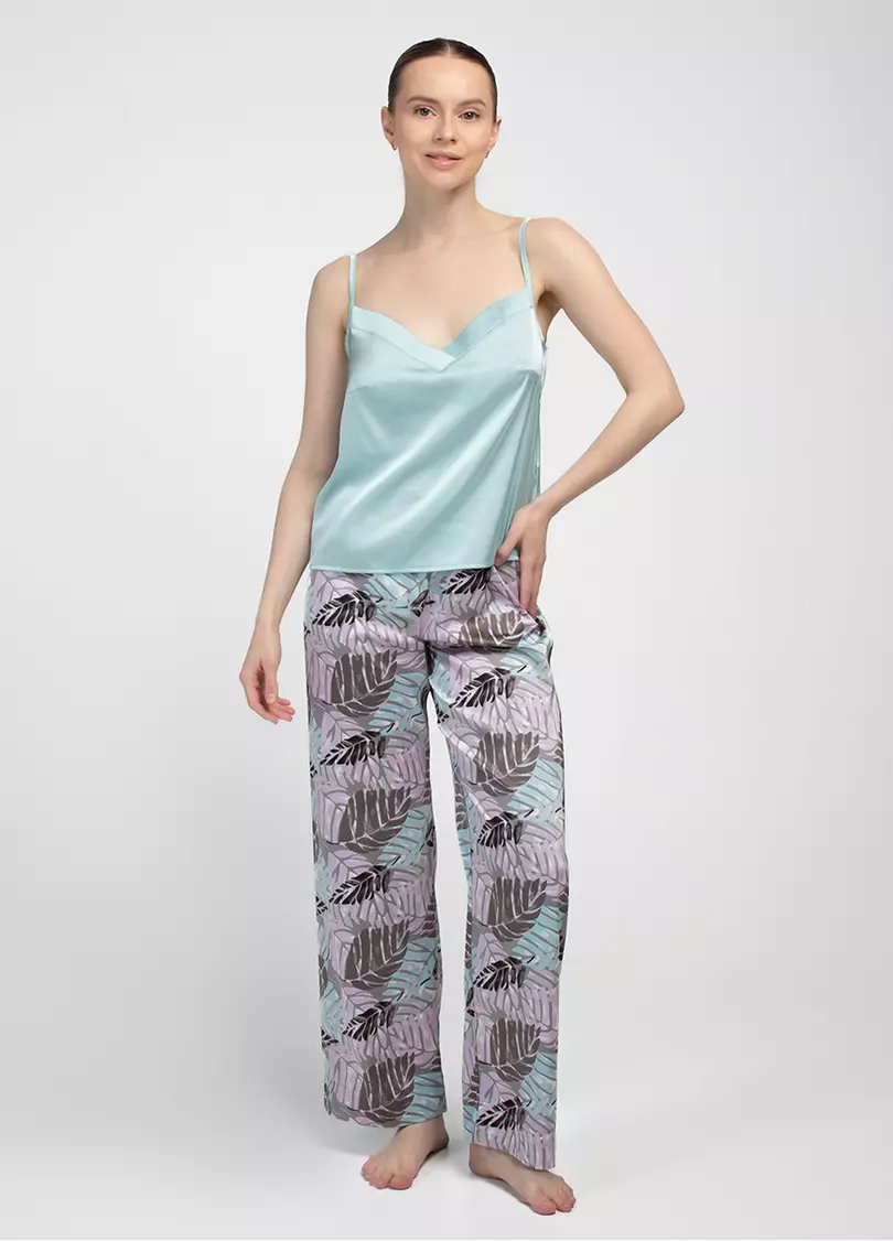 Довга піжама з шовку LEAFSONG 5010/050 gum leaf/mokko print (зелений/коричневий)