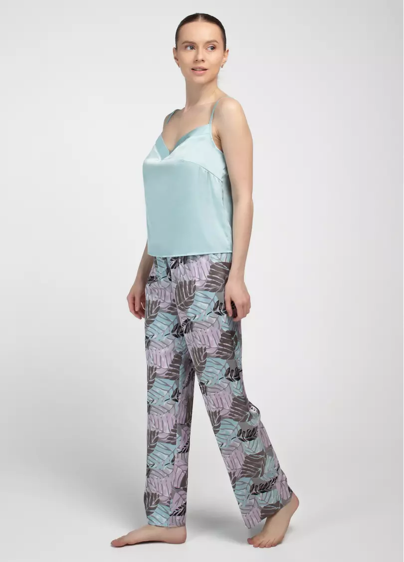 Довга піжама з шовку LEAFSONG 5010/050 gum leaf/mokko print (зелений/коричневий)