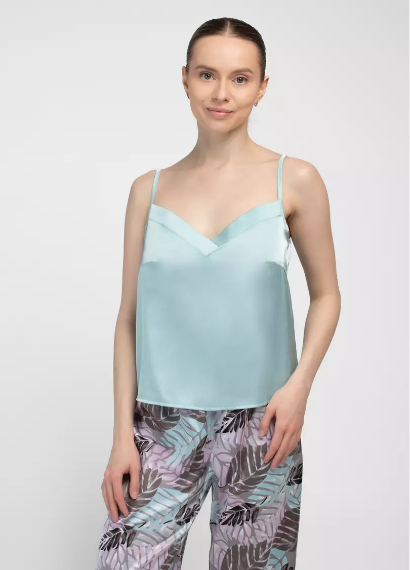 Довга піжама з шовку LEAFSONG 5010/050 gum leaf/mokko print (зелений/коричневий)