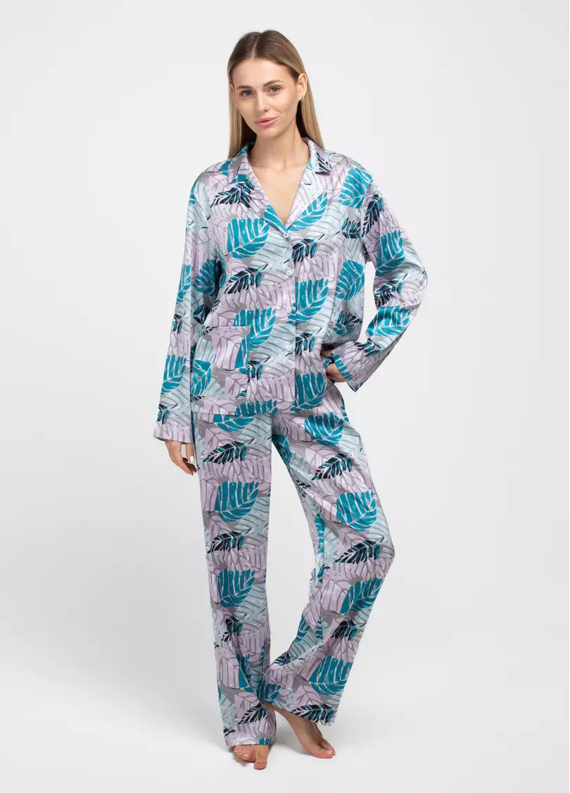 Шелковая пижама комплект LEAFSONG 5511/050 dark aqua print (розовый/синий)