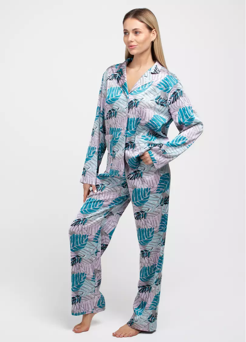 Шелковая пижама комплект LEAFSONG 5511/050 dark aqua print (розовый/синий)