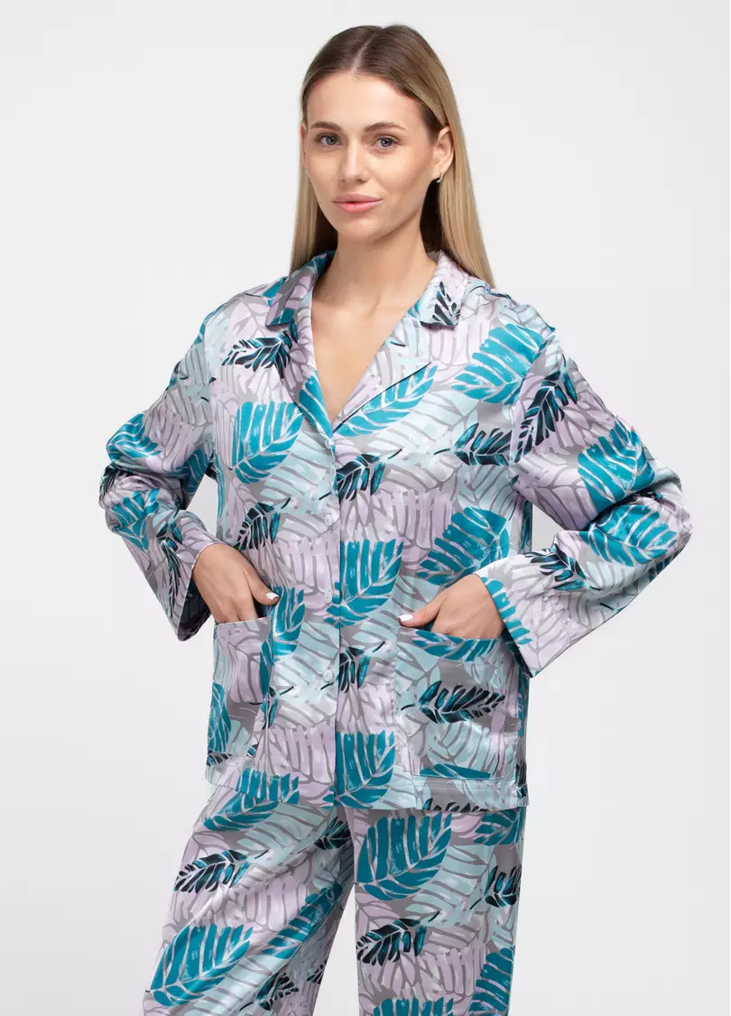 Шелковая пижама комплект LEAFSONG 5511/050 dark aqua print (розовый/синий)