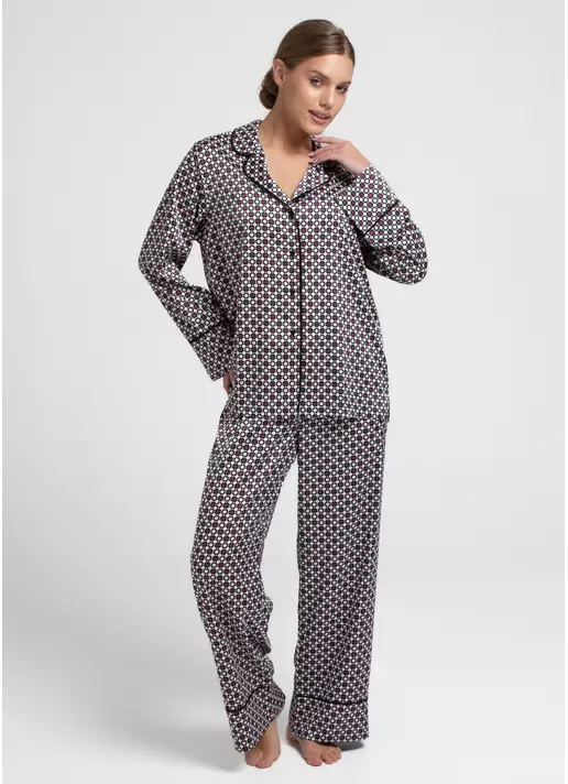 Шелковая пижама комплект NOIRE 5507/050 white/crushed berry rhomb (белый/бордовый)