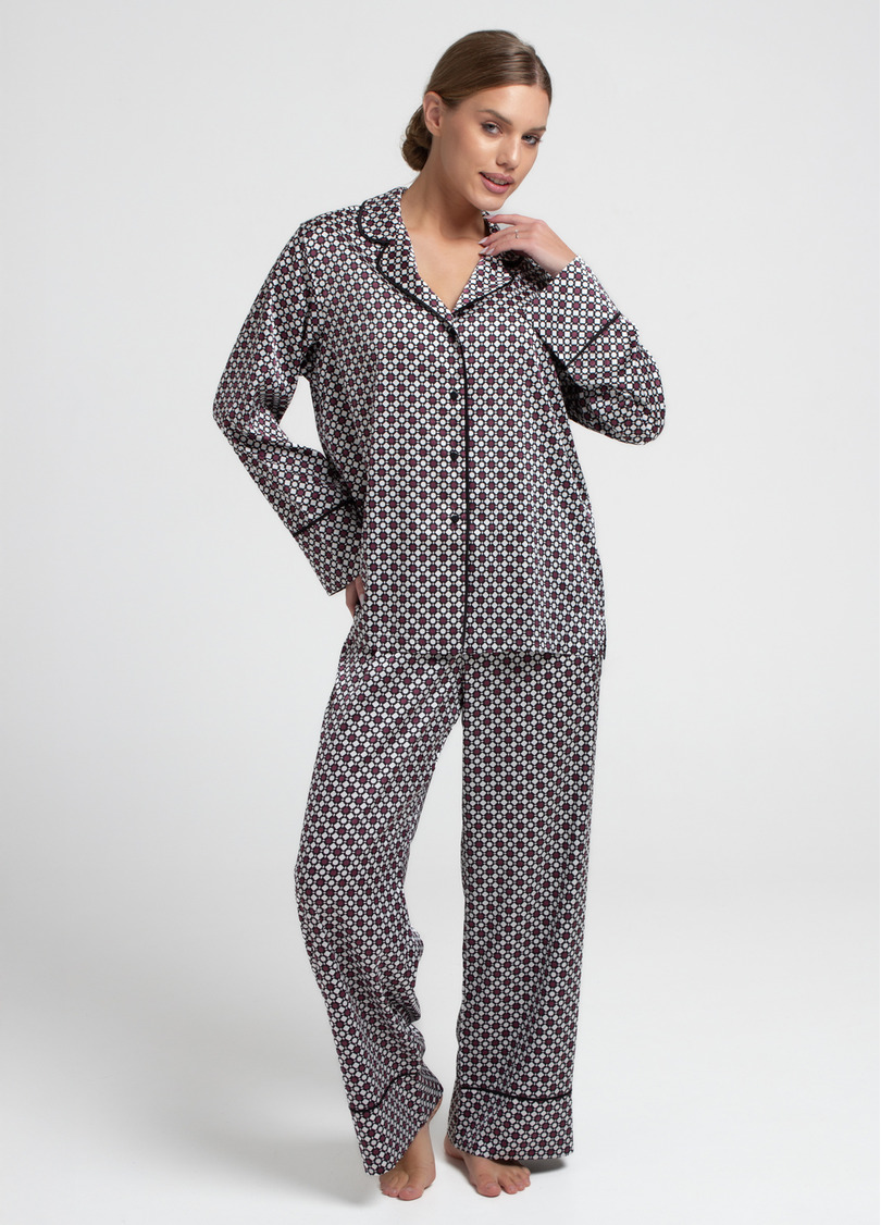 Шелковая пижама комплект NOIRE 5507/050 white/crushed berry rhomb (белый/бордовый)