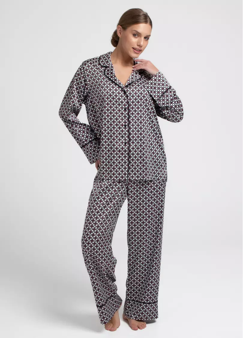 Шовкова піжама комплект NOIRE 5507/050 white/crushed berry rhomb (білий/бордовий)