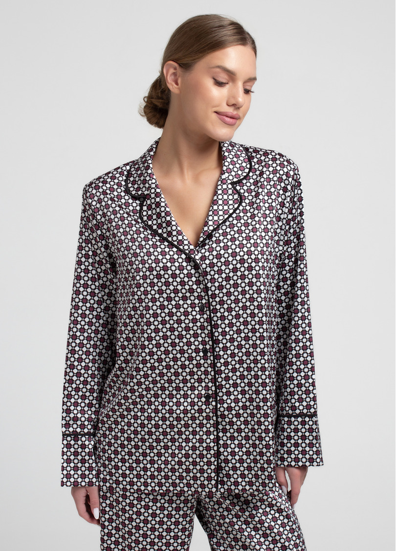 Шелковая пижама комплект NOIRE 5507/050 white/crushed berry rhomb (белый/бордовый)