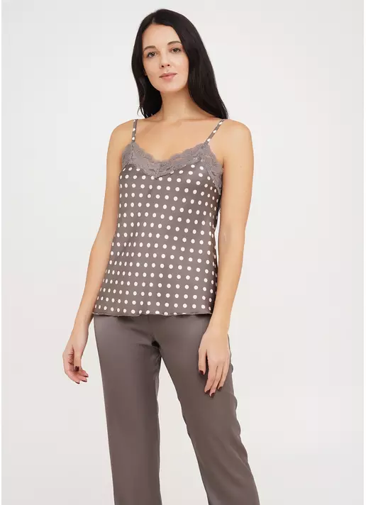 Шелковая пижама с майкой на тонких бретелях в горох и штанами POLKA DOT 5006/051 cappuccino (коричневый)