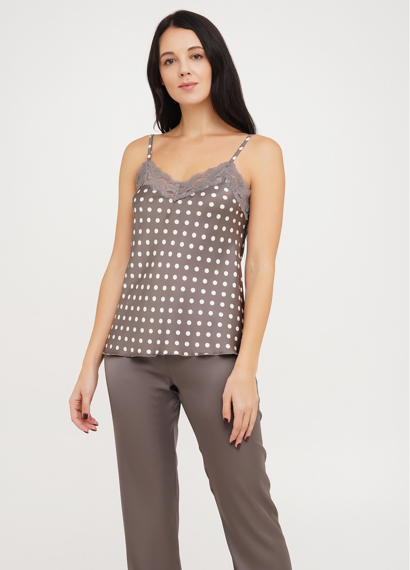 Шовкова піжама з майкою на тонких бретелях в горох та штанами POLKA DOT 5006/051 cappuccino (коричневий)