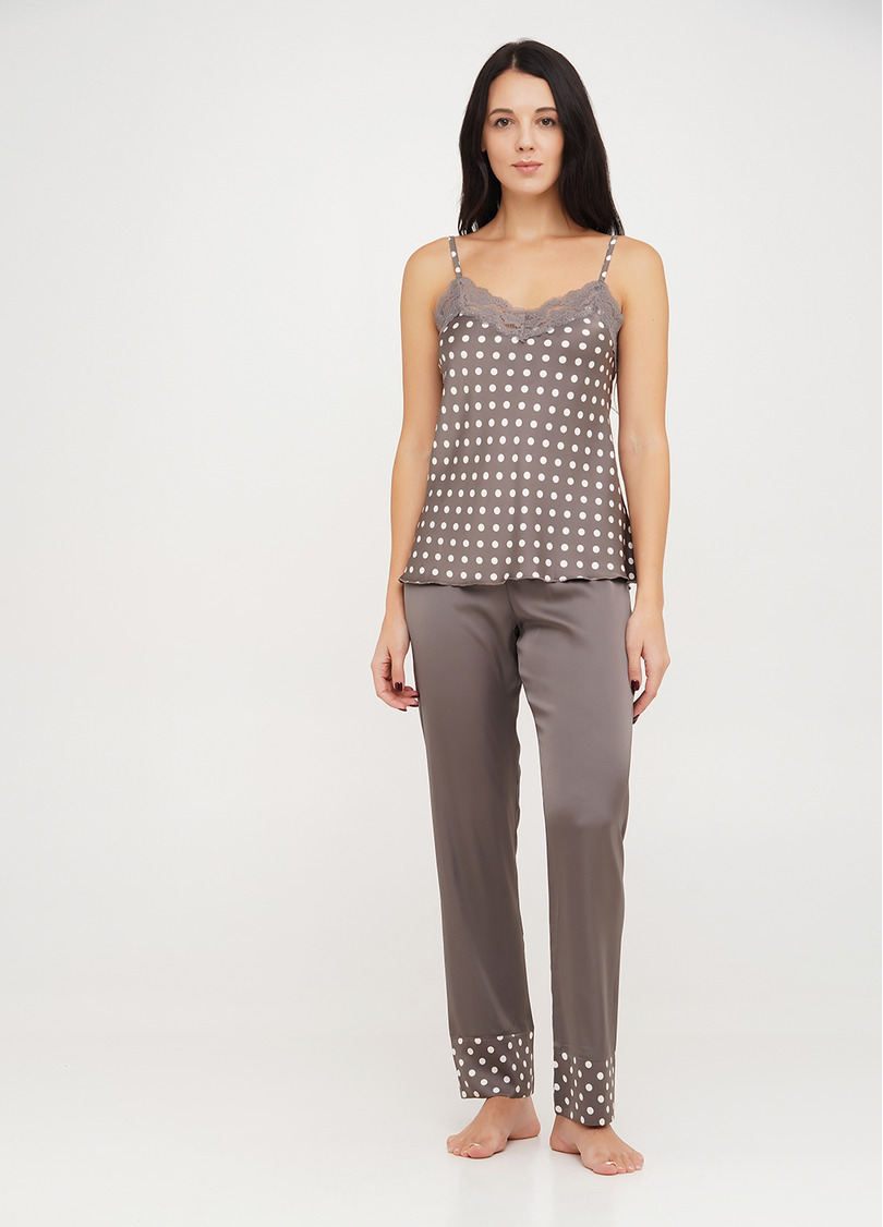 Шовкова піжама з майкою на тонких бретелях в горох та штанами POLKA DOT 5006/051 cappuccino (коричневий)