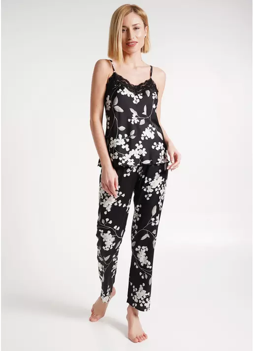 Шовкова піжама зі штанами у квіти SAKURA 5003/051 black (чорний)
