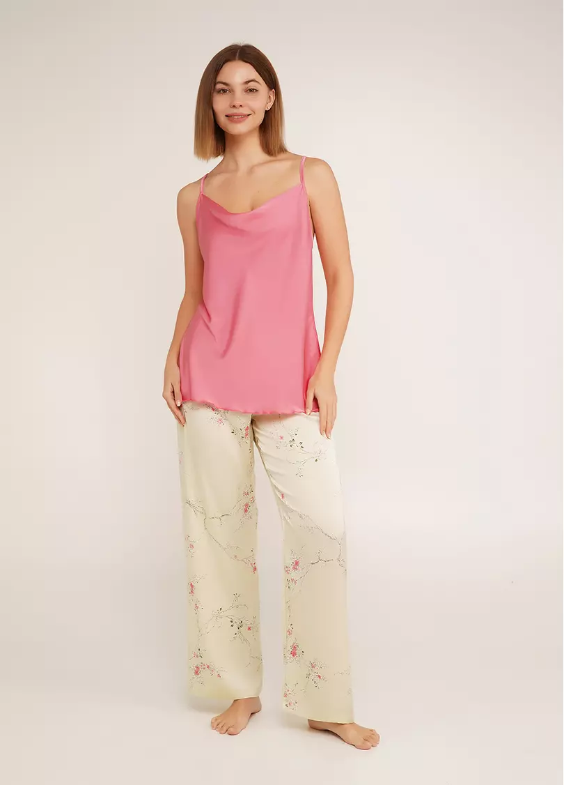 Шовкова піжама майка з декольте водоспад та штани SAKURA 5007/050 light yellow (жовтий)