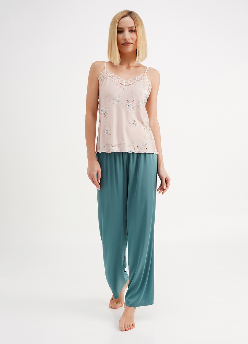 Шовкова піжама у квіти сакури SAKURA 5009/051 beige/turquoise (бежевий/блакитний)