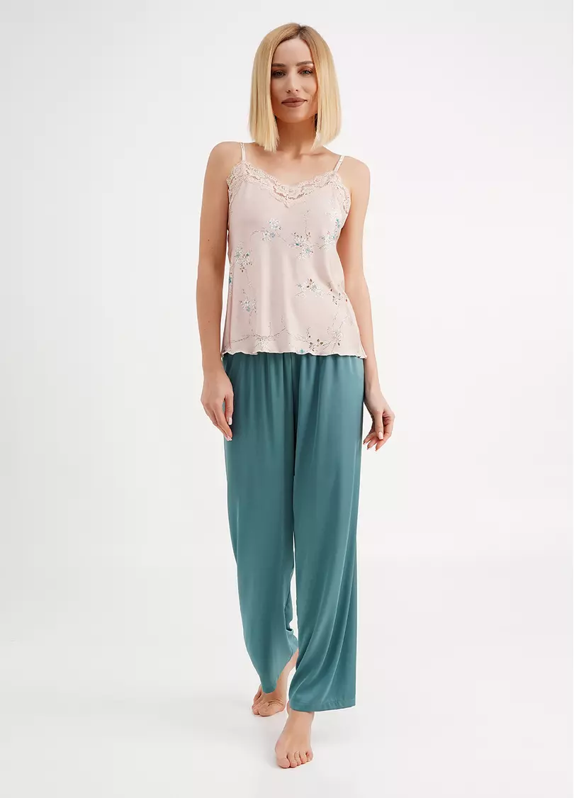 Шелковая пижама в цветы сакуры SAKURA 5009/051 beige/turquoise (бежевый/голубой)