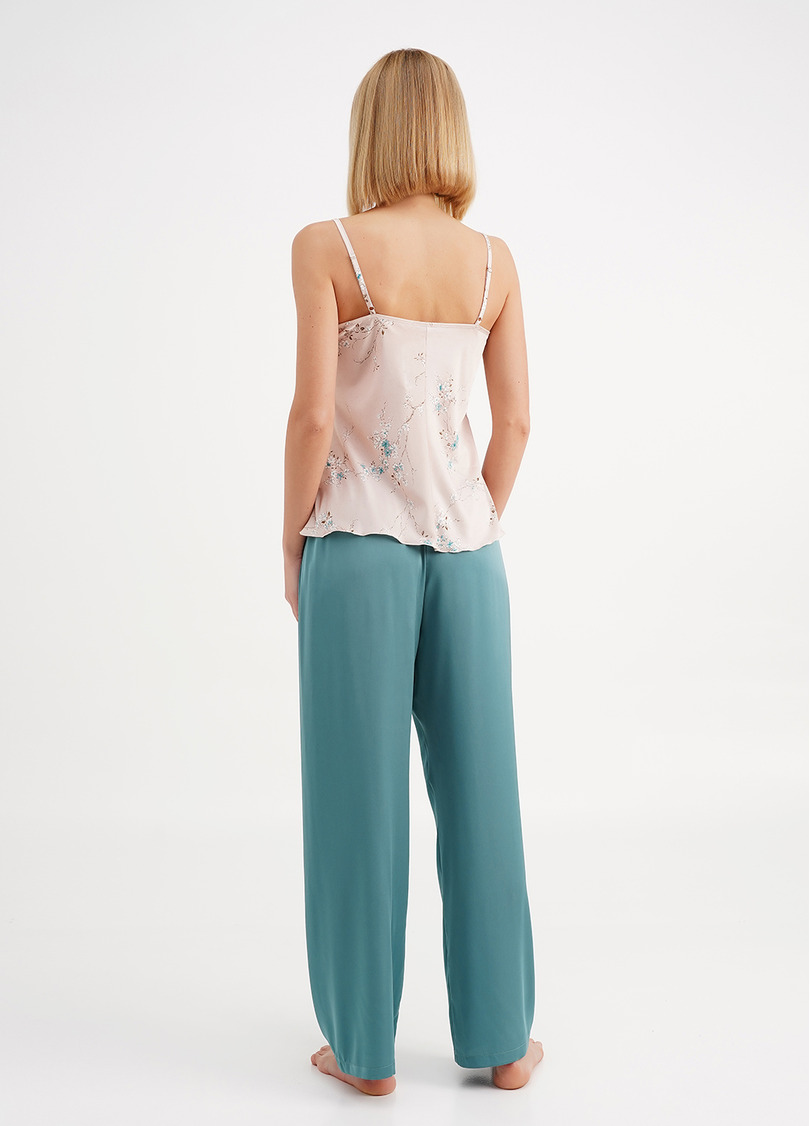 Шовкова піжама у квіти сакури SAKURA 5009/051 beige/turquoise (бежевий/блакитний)