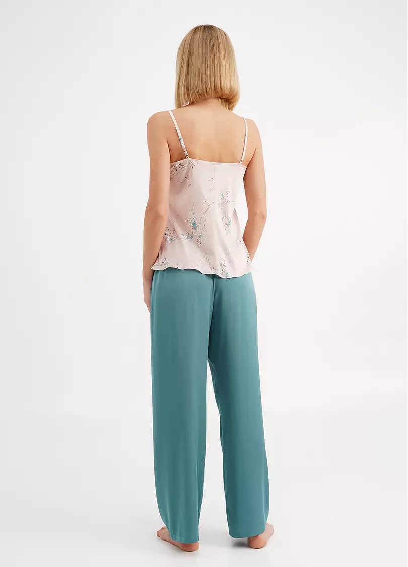 Шелковая пижама в цветы сакуры SAKURA 5009/051 beige/turquoise (бежевый/голубой)