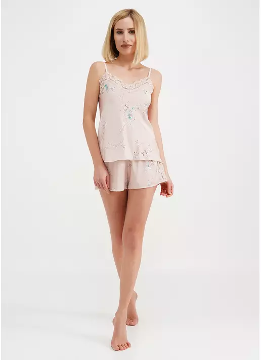 Шелковая пижама майка и шорты в цветы SAKURA 6032/051 beige (бежевый)