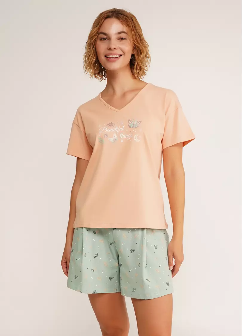 Пижама футболка и шорты SERENE GREENS 6128/010 muted mint/peach (зеленый/оранжевый)