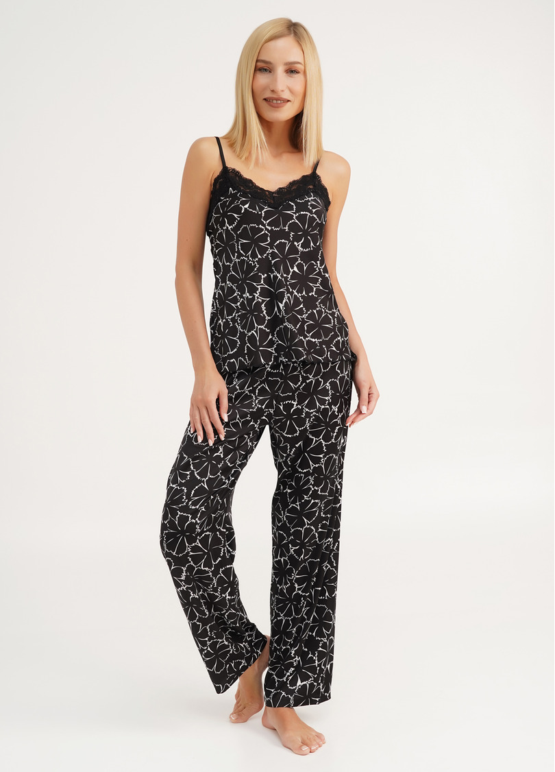 Шовкова піжама у квіти зі штаними TIZIANA 5003/051 black/white clove (чорний)