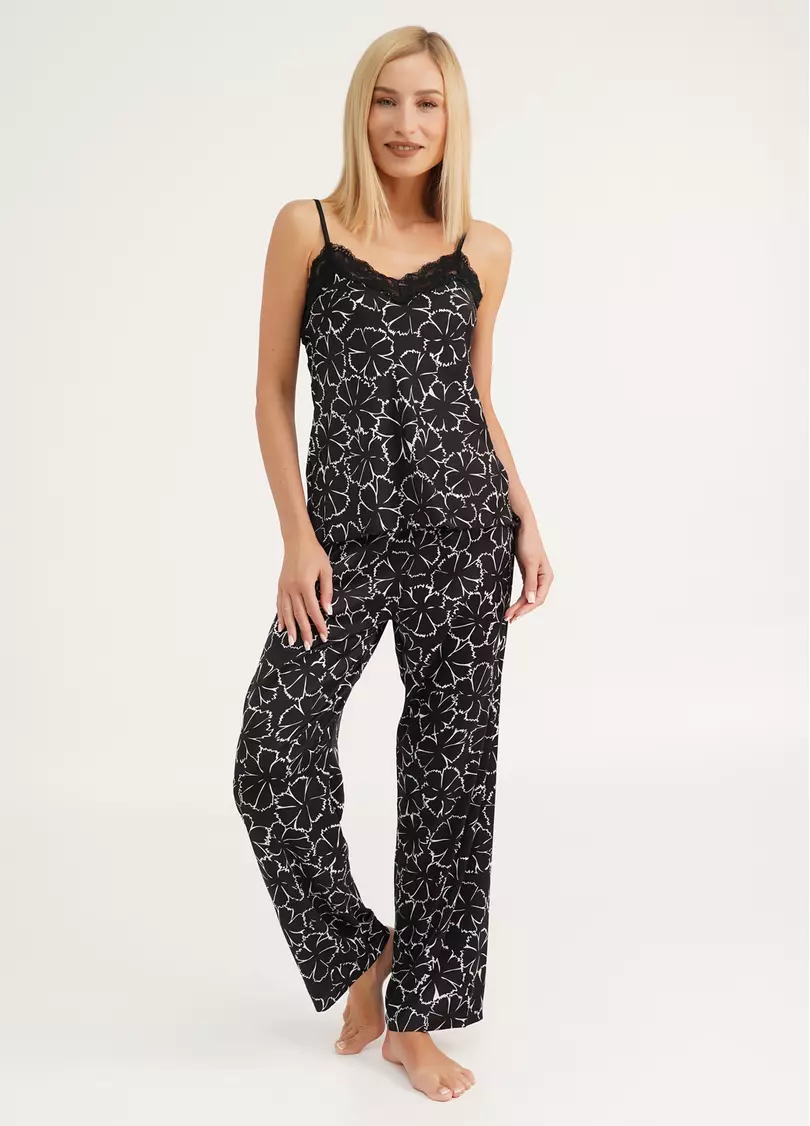 Шелковая пижама в цветы со штанами TIZIANA 5003/051 black/white clove (черный)