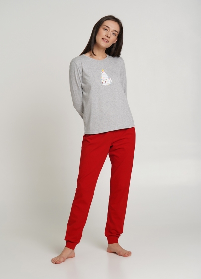 Піжамний комплект зі штанами та кофтою WINTER CAT 5319/010 grey melange/red (сірий/червоний)