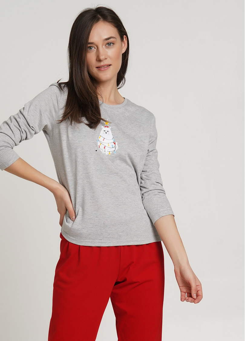 Пижамный комплект со штанами и кофтой WINTER CAT 5319/010 grey melange/red (серый/красный)