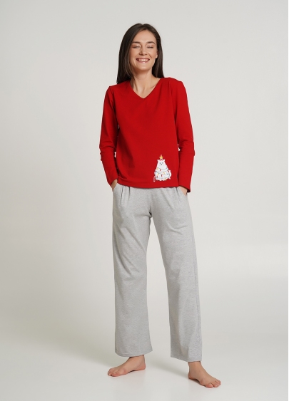 Длинная пижама хлопковая комплект WINTER CAT 5330/010 red/grey melange (красный/серый)