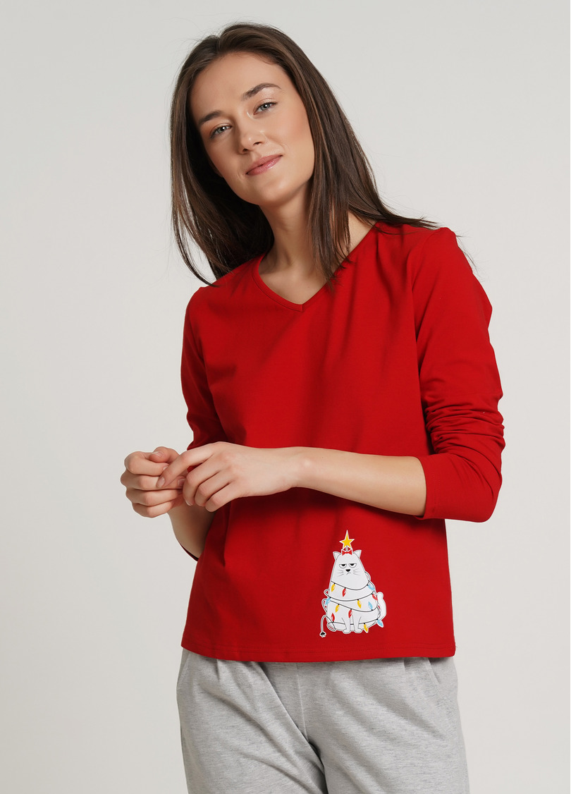 Длинная пижама хлопковая комплект WINTER CAT 5330/010 red/grey melange (красный/серый)