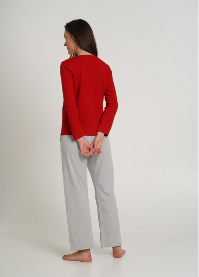 Длинная пижама хлопковая комплект WINTER CAT 5330/010 red/grey melange (красный/серый)