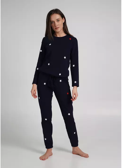Хлопковая пижама с кофтой на завязках внизу WINTER CAT 5331/010 navy (синий)