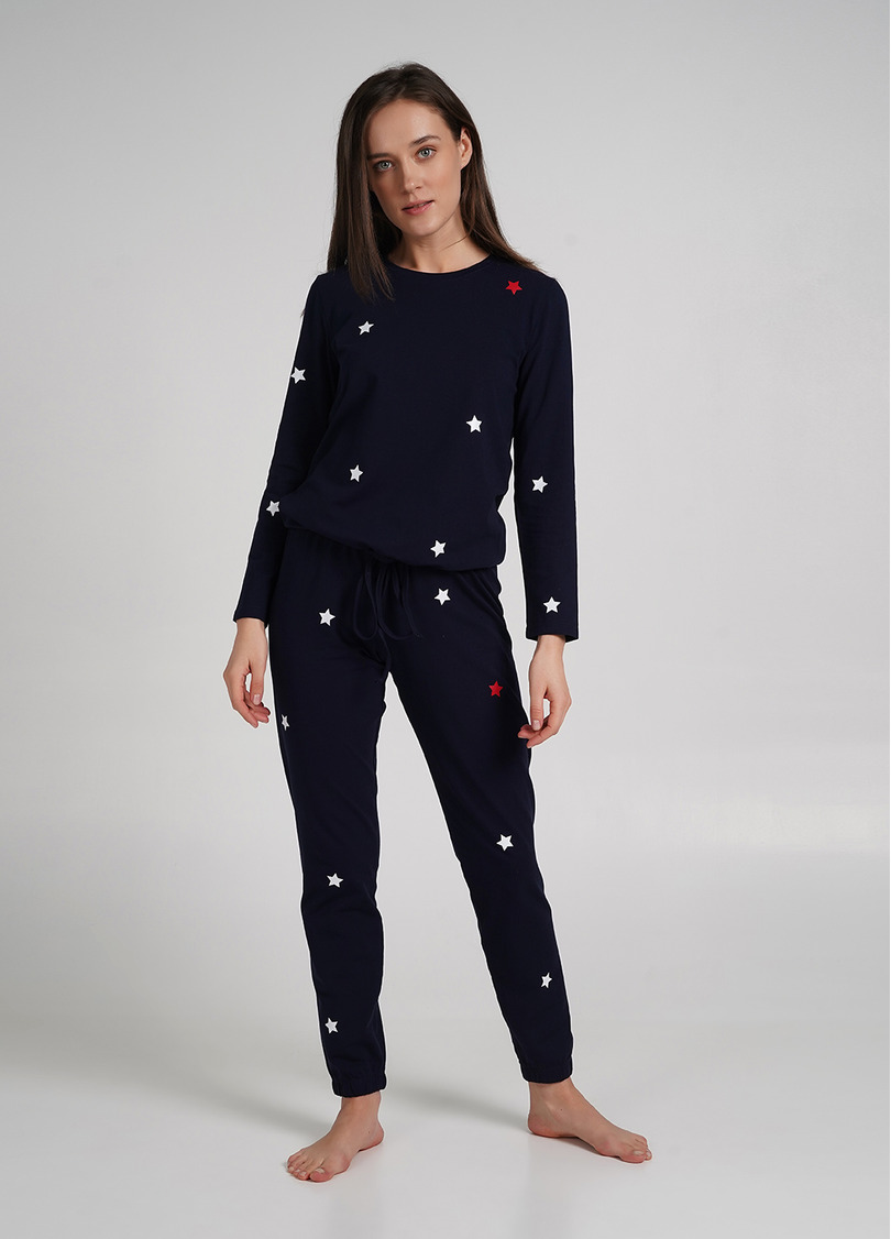 Хлопковая пижама с кофтой на завязках внизу WINTER CAT 5331/010 navy (синий)