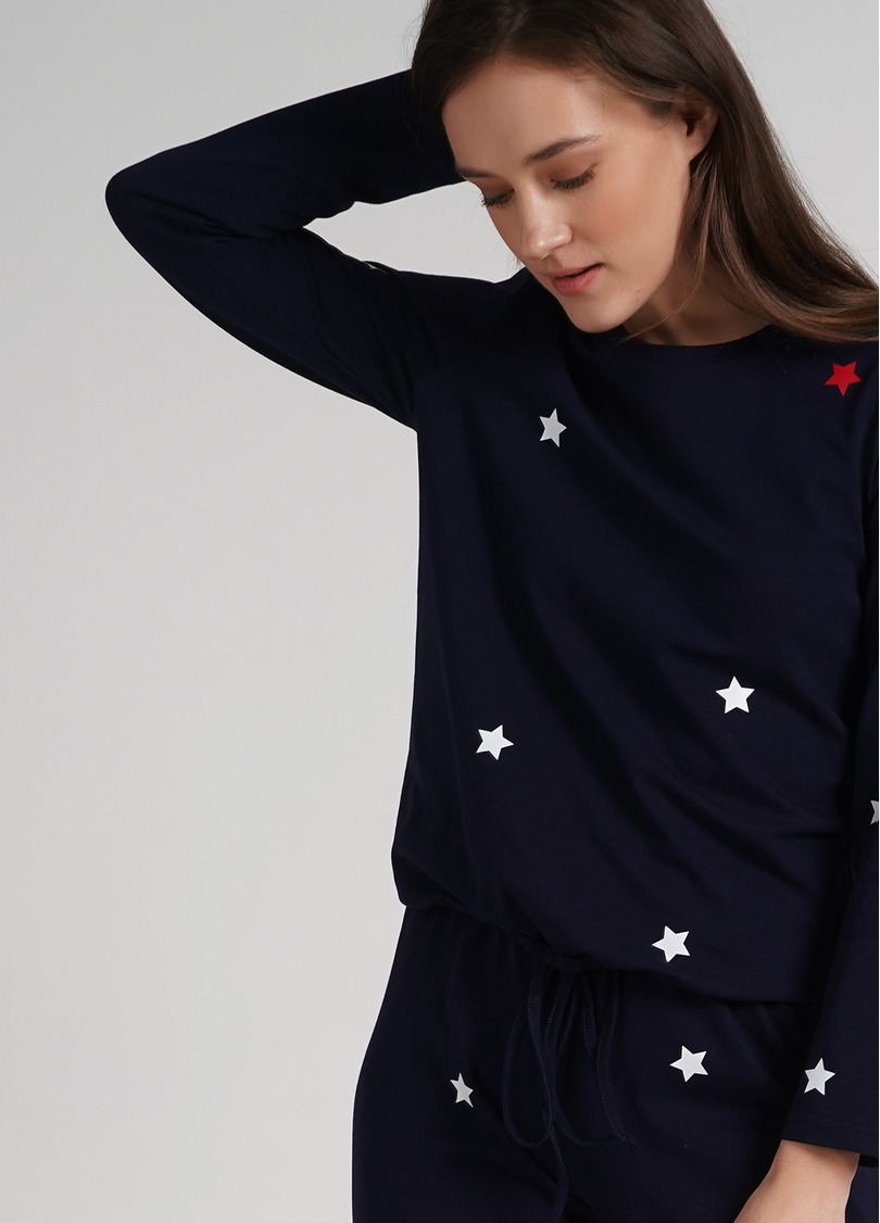 Хлопковая пижама с кофтой на завязках внизу WINTER CAT 5331/010 navy (синий)