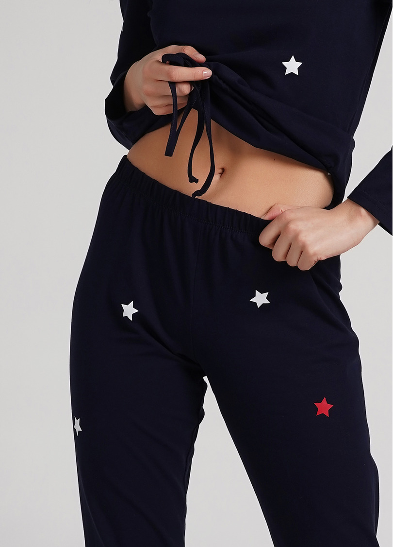 Хлопковая пижама с кофтой на завязках внизу WINTER CAT 5331/010 navy (синий)