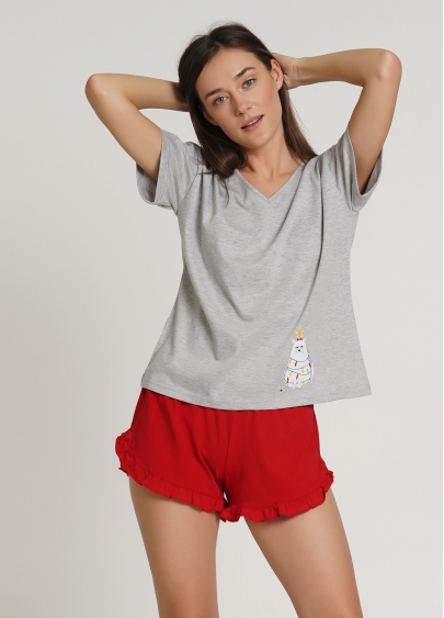 Пижама хлопковая с футболкой и шортами WINTER CAT 6118/010 grey melange/red (серый/красный)