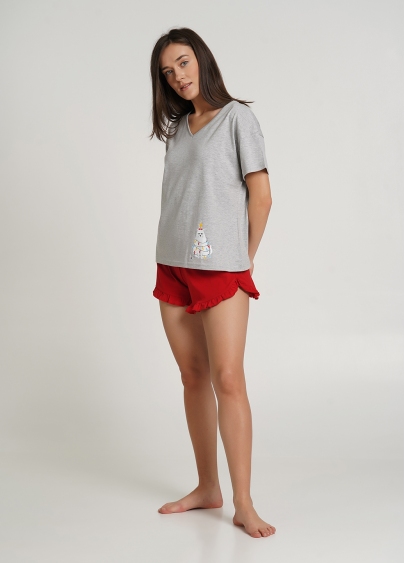 Пижама хлопковая с футболкой и шортами WINTER CAT 6118/010 grey melange/red (серый/красный)