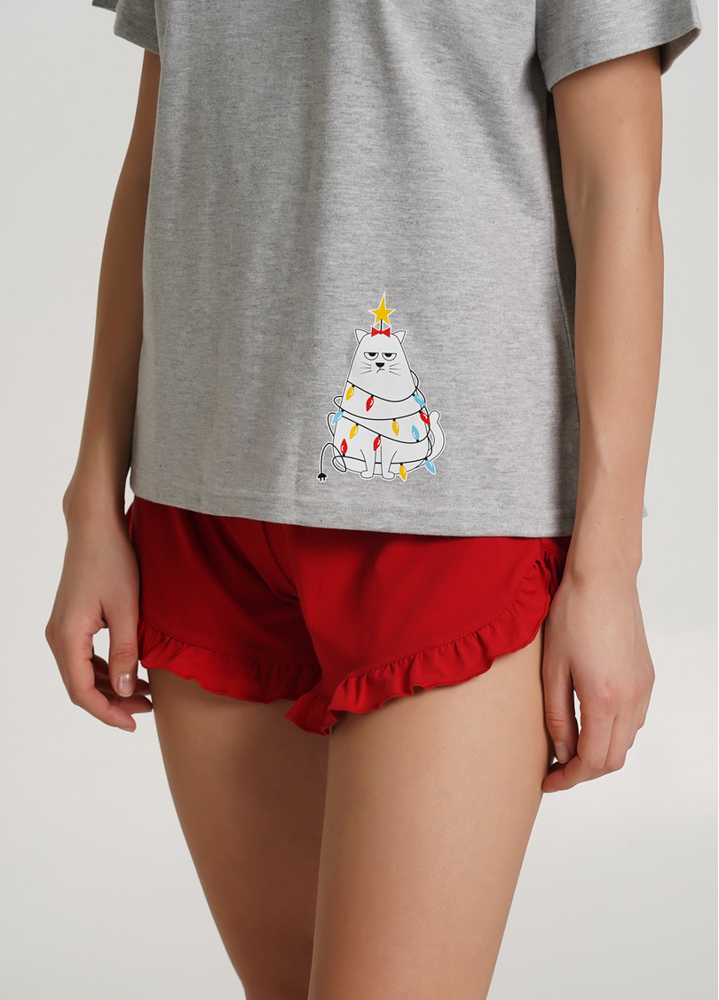 Піжама бавовняна з футболкою та шортами WINTER CAT 6118/010 grey melange/red (сірий/червоний)